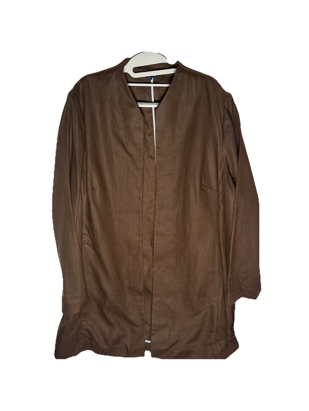 LANDS END Womens PLUS 20W 2X Brown 100% LINEN Long Blazer Coat Career Jacket